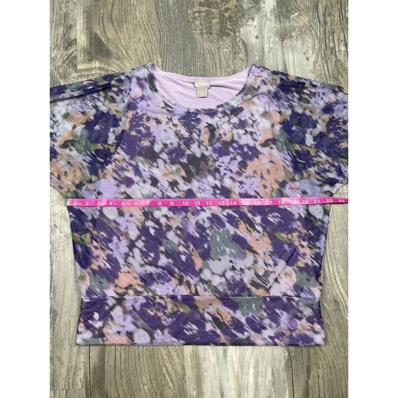 Chicos Purple Watercolor 3/4 Sleeve Double Layer Shirt 1 Medium Mesh Top Blouse - Picture 7 of 7